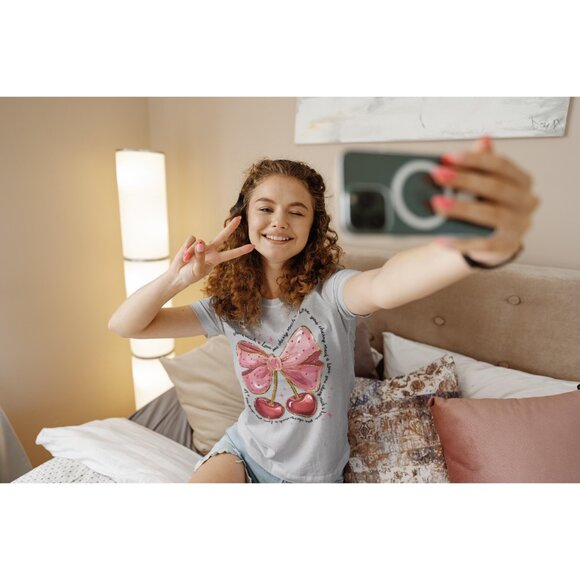 Valentine Cherries Tee Love T-Shirt Gift Shirt Valentines Day Top - Picture 4 of 11